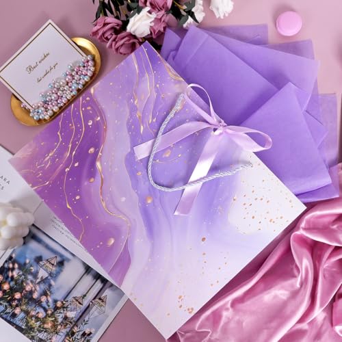 Purple Gift Bags, 2PCS 13” Large Gift Bags with Tissue Paper and Greeting Cards, Gift Bag with Handles Bow for Women Girl...