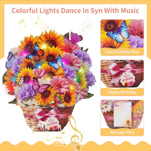 MZD8391 Birthday Cards with MUSIC & LIGHTS, Pop Up Happy Birthday Card, Sunflower & Butterfly, 10 Inch Life Sized Forever ...