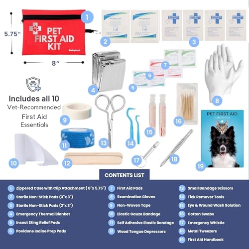 Dog First Aid Kit - Vet Approved Emergency Supplies - Pet First Aid Kit Guide, Tick Remover, Thermal Blanket & More - Comp...