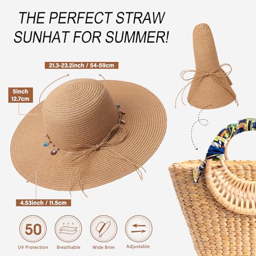 Trifabricy Beach Sun Straw Hats for Women, Wide Brim Womens Sun Hat UPF UV Protection, Foldable Packable Summer Hats Roll Up