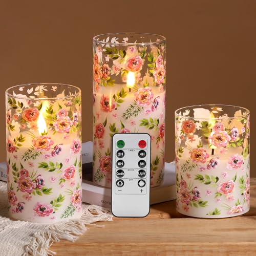 Eywamage Red Rose Floral Flameless Candles with Remote, Flickering Glass LED Pillar Candles Spring Home Decor Set of 3