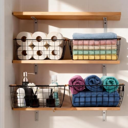 Black 2PCS Wire Storage Baskets with Wooden Handles - Organizing Pantry and Kitchen Cabinets - Metal Wire Food Storage Basket