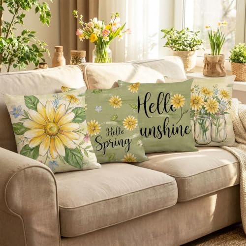 wyooxoo Spring Pillow Covers 16x16 Set of 4 Olive Green Farmhouse Throw Pillow Covers Floral Decorative Cushion Cases for ...