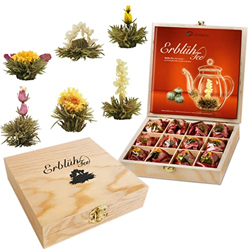 Creano Blooming Tea - Flowering Ball Gift Set in Stylish Wooden Box - 12 Pieces, White Tea