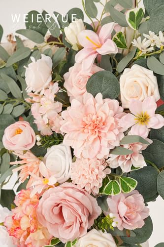WEIERYUE Deluxe Pink Artificial Wedding Arch Flowers with Drapes Kit-Pack of 5, 2pcs Flower Arrangements 3pcs Hanging Shee...