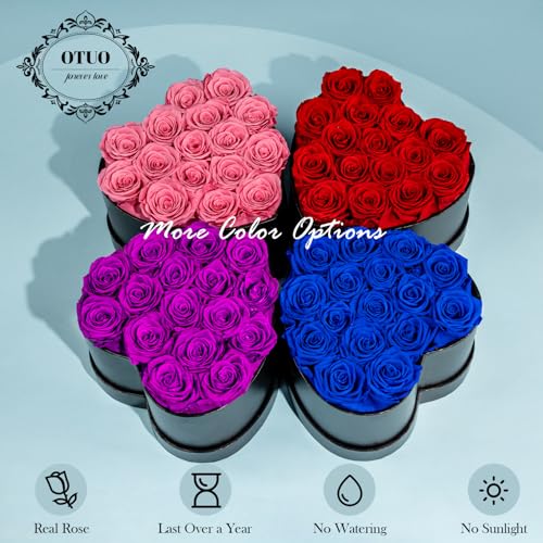 Otuo 16 Preserved Roses in Heart-Shaped Box, Flowers for Delivery Prime Last up 2 Years, Real Forever Flowers for Wife, Gi...