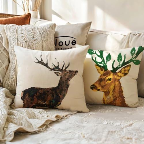 ULOVE LOVE YOURSELF Deer Throw Pillow Case 4 Pack Cotton Linen Cushion Covers,18 X 18 Inch Square Pillow Covers for Home D...