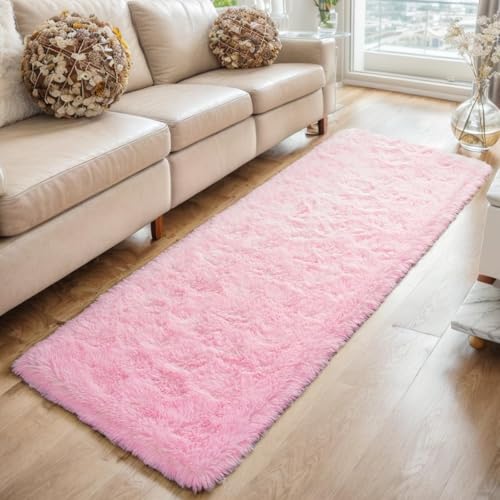 GREFFY Soft Runner Rugs for Bedroom, 2x8 Ft Hallways Modern Plush Pink Shag Carpet, Non Slip Dorm Bedside Shaggy Rug for L...