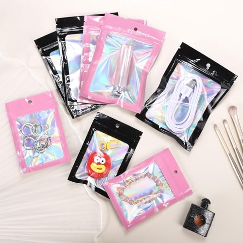 100Pcs 3x4.7 Inch Pink Holographic Bags | Resealable Mylar Pouches for Packaging, Jewelry Storage, Gummies, Cookies & Part...
