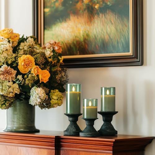 Amagic Green Glass Flameless Candles with Remote and Timer for St. Patrick's Day, Real Wax Battery Operated Candles, Flick...