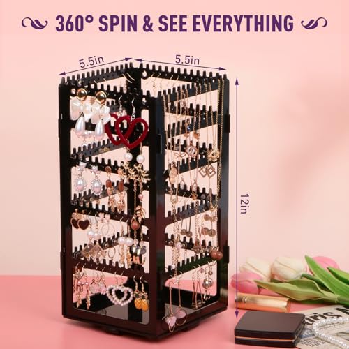 24Aug 360° Rotating Jewelry Organizer Stand with 5 Layers,Acrylic Earring Holder Organizer Stand,212 Holes and 212 Grooves...