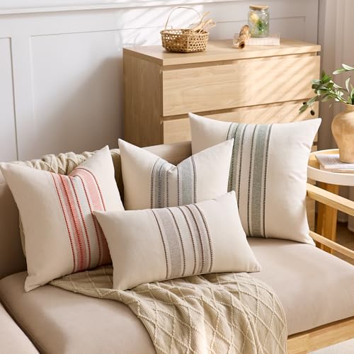 Striped Linen Textured Throw Pillow Covers 18x18 Inch Set of 2,Boho Decorative Cushion Covers, Neutral Beige Accent Pillow...