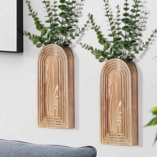 Dnnnii 2 Pack Wooden Wall Vase Set - Brown Finish Modern Farmhouse & Boho Wall Decor for Entryway, Hallway, Bathroom, Livi...
