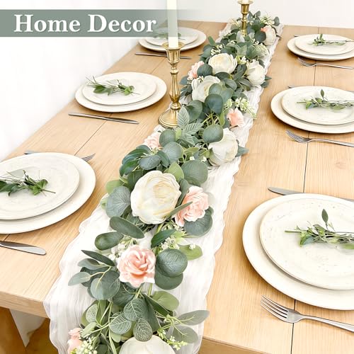 2 Pack 13Ft Artificial Eucalyptus Flower Garland with 16 White Peony Pink Rose, Baby Breath Fake Flowers Greenery Garland ...