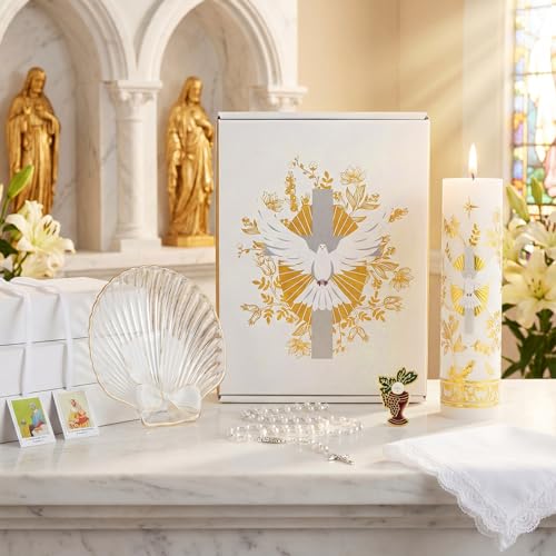 Liliful 7 Pcs First Communion Candle Gift Set, Catholic Baptism Holy Spirit Candle Towel Shell Rosary Set, Velas para Baut...