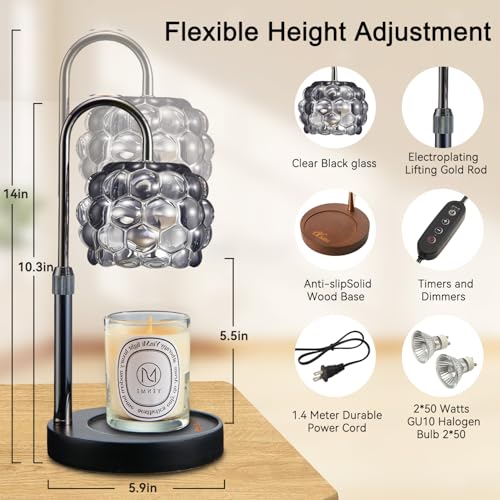 Candle Warmer Lamp with Timer Adjustable - Height Candle Warmer, Dimmer, Black Glass Wax Melting Lamps for Home Decor, for...