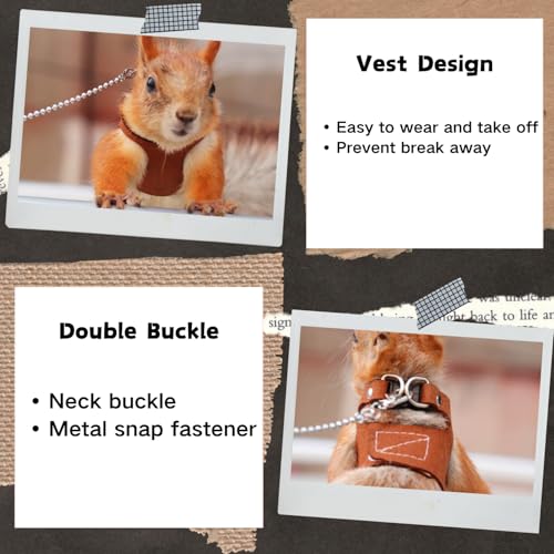 3 Pack Squirrel Harness and Leash Set - Adjustable Soft Leather & Traction Rope Strap Anti-Biting Chainfor Small Pet Walk ...