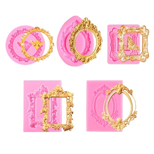 5 Pack Photo Frame Fondant Molds,Picture Frames Silicone Mold Vintage Frame Molds, Baroque Style Air Dry Clay Molds,For Ca...