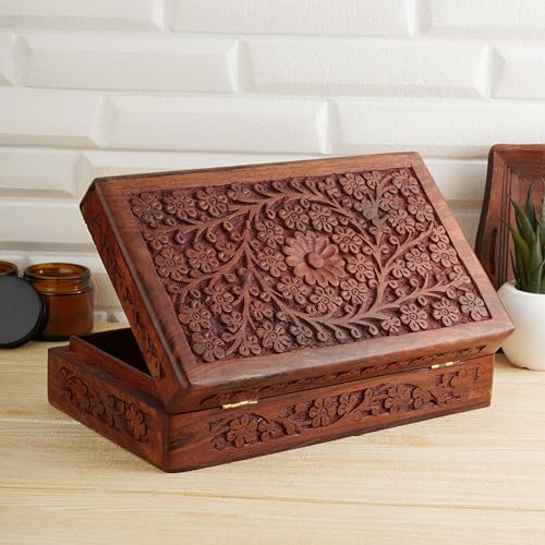 Ajuny Wooden Handcarved Decorative Jewelry Storage Box Flower Design Multipurpose Treasure Chest Keepsake Organizer Neckla...