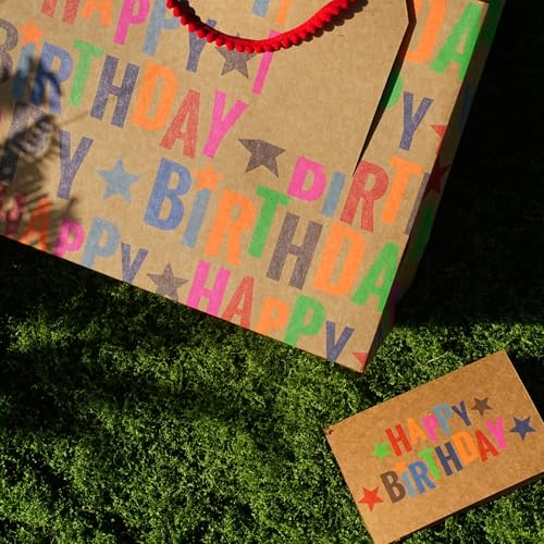 LaRibbons 13" Large Kraft Birthday Gift Bag with Tissue Paper and Greeting Card, Colorful Text Happy Birthday and Stars De...