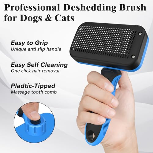 2PCS Self Cleaning Slicker Brush & Dog Comb - Skin Friendly Deshedding Grooming Tool for Dogs, Cats and Small Animals, Pro...