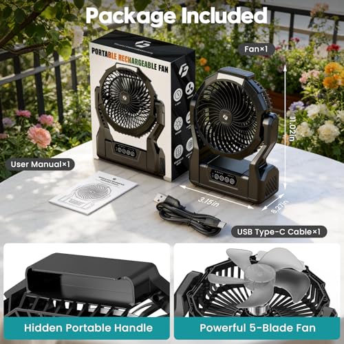XZK Camping Fan, 20000mAh Rechargeable Battery Powered Fan, Portable Cordless Desk Fan with 4 Speeds 3 Timer, 2 LED Light,...