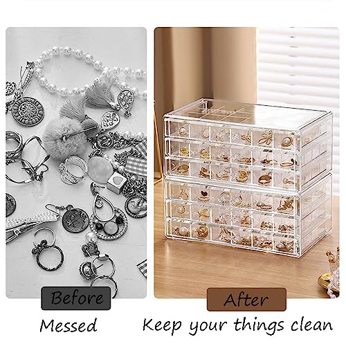 CLUQMEIK Earring Organizer Box Clear Storage Acrylic for Earrings Necklace Organizer Jewelry Box with 72 Grids Storage Com...