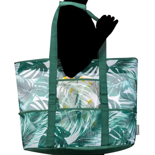 KABAQOO Mesh Beach Bag, Extra Large Beach Bags with 9 Pockets & Zipper Waterproof Lightweight Beach Tote for Beach/Pool Trip