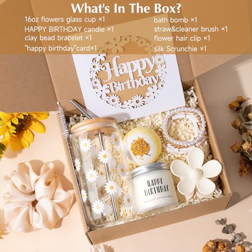 isolune Birthday Gifts For Women, Teen Girl, Her - Gift Baskets with Cute Daisy Aesthetic Glass Cups Gift Set 7pcs - Perfe...