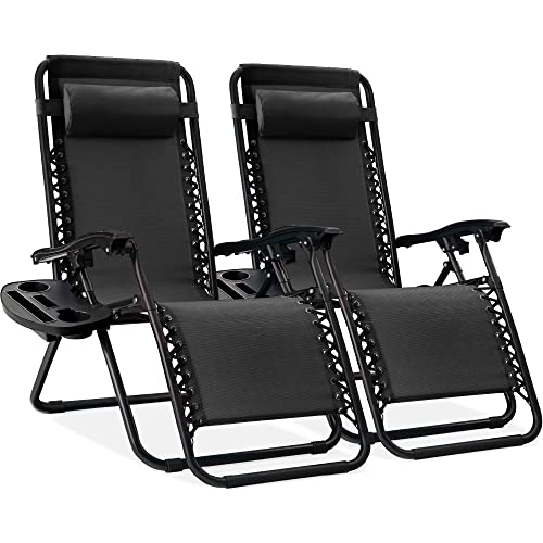 Best Choice Products Set of 2 Adjustable Steel Mesh Zero Gravity Lounge Chair Recliners w/Pillows and Cup Holder Trays - B...
