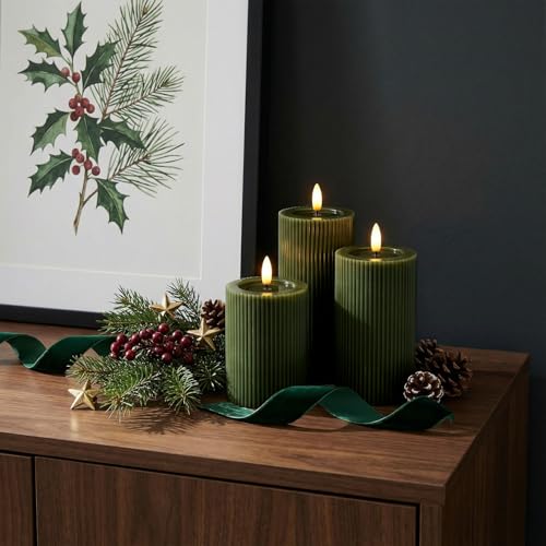 WYZworks Fluted Ribbed LED Pillar Candles, Loden Green, with Realistic Reflective Melted-Wax Effect – Flickering Flame, Re...