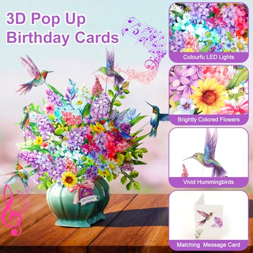 Birthday Cards, Light and Music Happy Birthday Card, Hummingbird Oasis, 10 Inch Life Sized Forever Flower Bouquet, 3D Pop ...