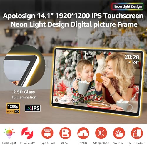 ApoloSign Neon Light Digital Picture Frame - 14" 2K FHD Display | AI Color-Changing LED Strip Digital Photo Frame | Quick ...