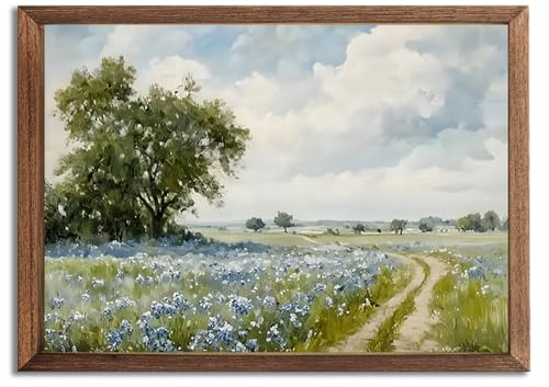 Nature Vintage Preppy Blue Wildflower Pathway Wall Art Prints Landscape Oil Painting Style Gift Posters Canvas Field Tree ...