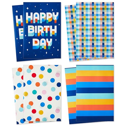 Hallmark Designed Shirt Boxes with Lids (8 Boxes: 2 Each of Orange and Blue Stripes, Plaid, Dots, Happy Birthday) for Birt...