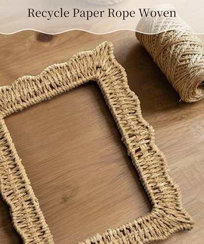 Afuly 5x7 Picture Frame Boho Woven Photo Frame Beige Frames Rope Wave Unique Wall Hanging Desk Standing Home Decor with Re...