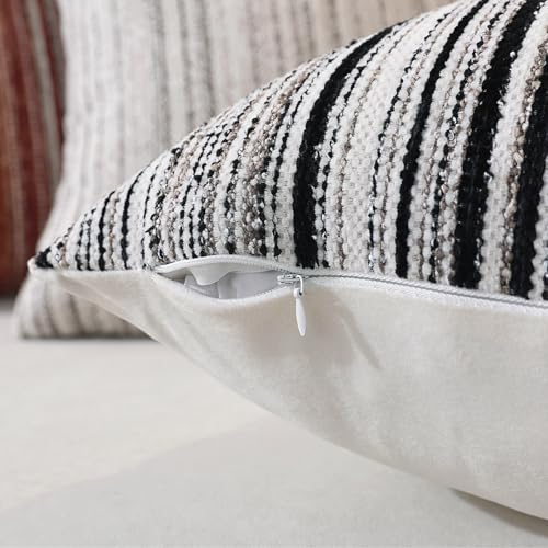QDTTSRY Chenille Throw Decorative Pillow Covers 20x20 Set of 2, Textured Striped Boho Couch Pillow Covers, Cozy Neutral Fa...