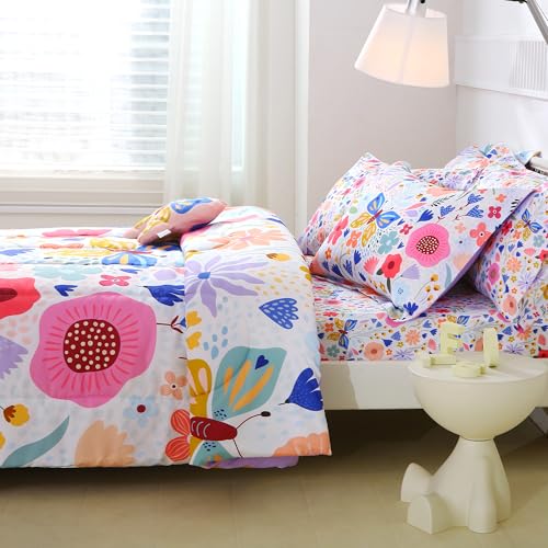Mooreeke Full Size Comforter Sets for Girls Kids, 8 Pieces Bed in a Bag Purple Floral Butterfly Bedding Comforter Sheet Se...