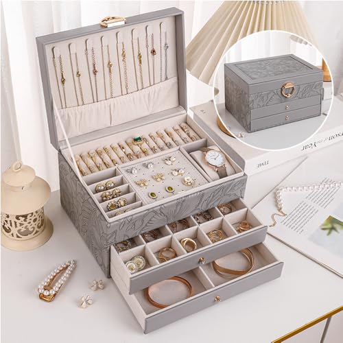 TOFUNTOY Jewelry Organizer Box, Large Jewelry Boxes for Women, 3-Layer Jewelry Holder Organizer for Necklace Earrings Ring...