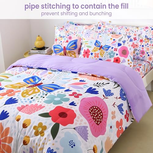 Mooreeke Full Size Comforter Sets for Girls Kids, 8 Pieces Bed in a Bag Purple Floral Butterfly Bedding Comforter Sheet Se...