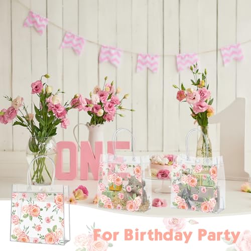 Aliceset 20 Pcs Mother's Day Clear Floral Gift Bags with Handles Flower Rose Party Goodie PVC Treat Bags for Tea Party Bab...