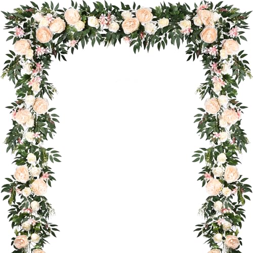 Lvydec 2 Pack Artificial Peony Flower Garland - 6ft Silk Peony Vine Willow Leaves Garland Champagne Arch Flower Vine for W...