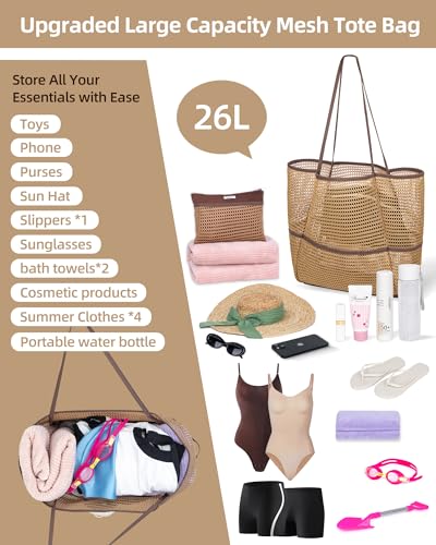 ToKismet Mesh Beach Tote Bag Packable,2026 New 2-in-1 Large Lightweight Foldable Beach Bags with Multiple Pockets for Women