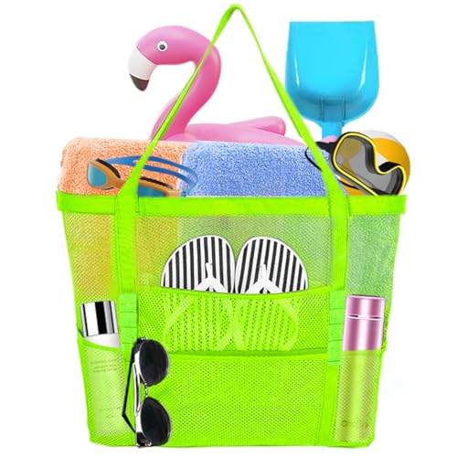 Yunaeduo Large Mesh Beach Bag - Lightweight & Foldable Family Beach Bag with 9 Pockets for Toys, Towels & Vacation Essentials
