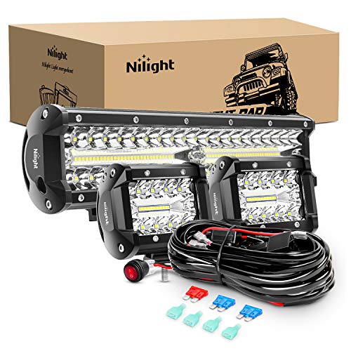 Nilight LED Light Bar Set, 12 Inch 300W Triple Row Spot Flood Combo Work Driving Lamp, 2 Pcs 4 inch 60 W with Wiring Harne...