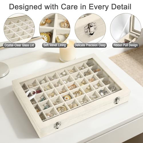DUNPUTE Velvet Jewelry Organizer Storage Tray, 48 Grid Adjustable Earring Holder Organizer with Clear Lid, Jewelry Display...