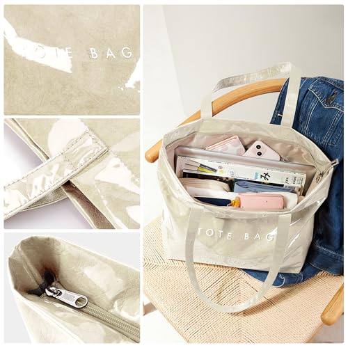 KALIDI PVC Zipper Tote Bag, Jelly Kraft Paper Beach Bag Large Hobo Carry All Travel Shopping Handbag Plastic Shoulder Bag