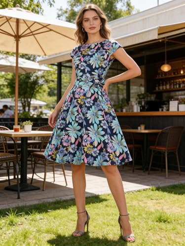 PUKAVT Women's 1950 Boatneck Cap Sleeve Vintage Swing Cocktail Party Dress with Pockets