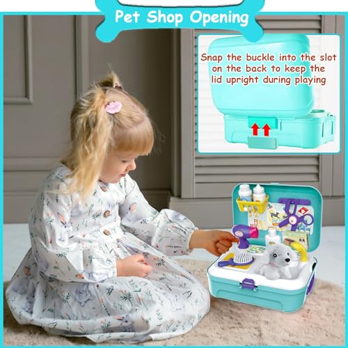 TEUVO Pet Care Play Set Doctor Kit for Kids, 16 Pcs Doctor Pretend Play Vet Dog Grooming Toys Puppy Dog Carrier Feeding Do...