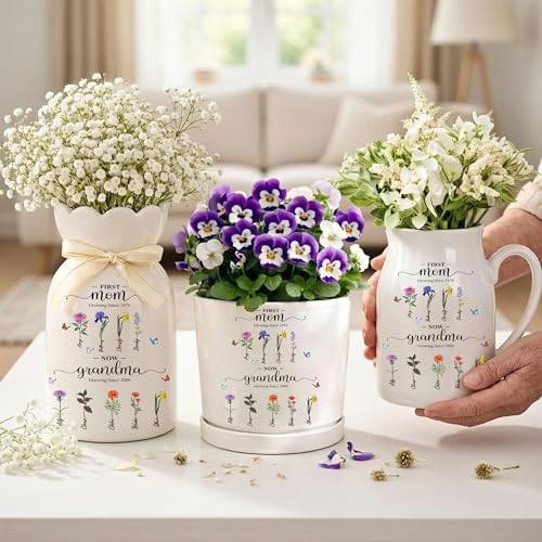NAZENTI Personalized First Mom Now Grandma Flower Vase - Mother's Day Grandmas Garden Vases with Kids Names and Birth Mont...